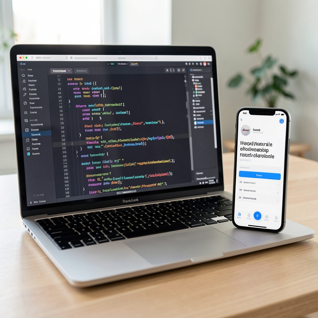 Ноутбук с открытым редактором кода и рядом смартфон с интерфейсом приложения, демонстрирующий адаптивную типографику