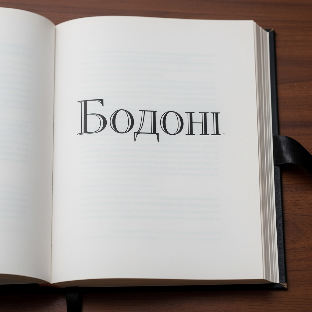 Страница из книги Бодони с характерными высококонтрастными буквами в стиле неоклассицизма — тонкие и толстые штрихи, чёткие прямые засечки